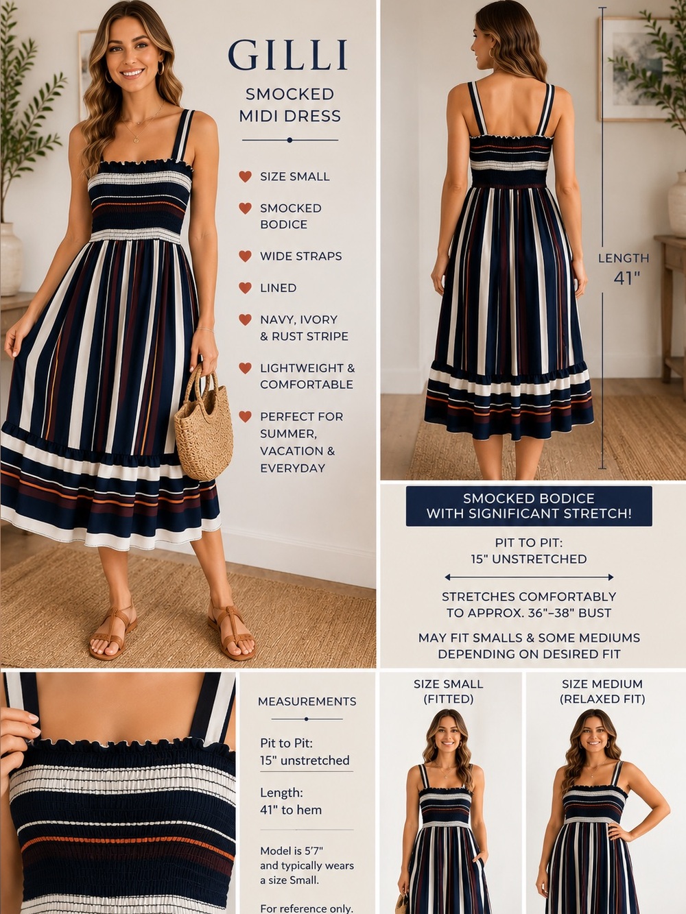 Gilli Smocked Stripe Midi Dress Small Stretch Fit Navy Ivory Rust Lined